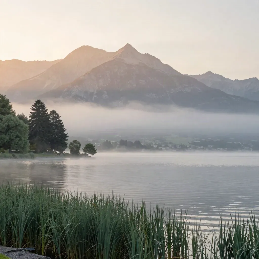 Vue de lac d’Annecy à l’aube, brume alpine et crête montagneuse au-dessus d’une eau calme.