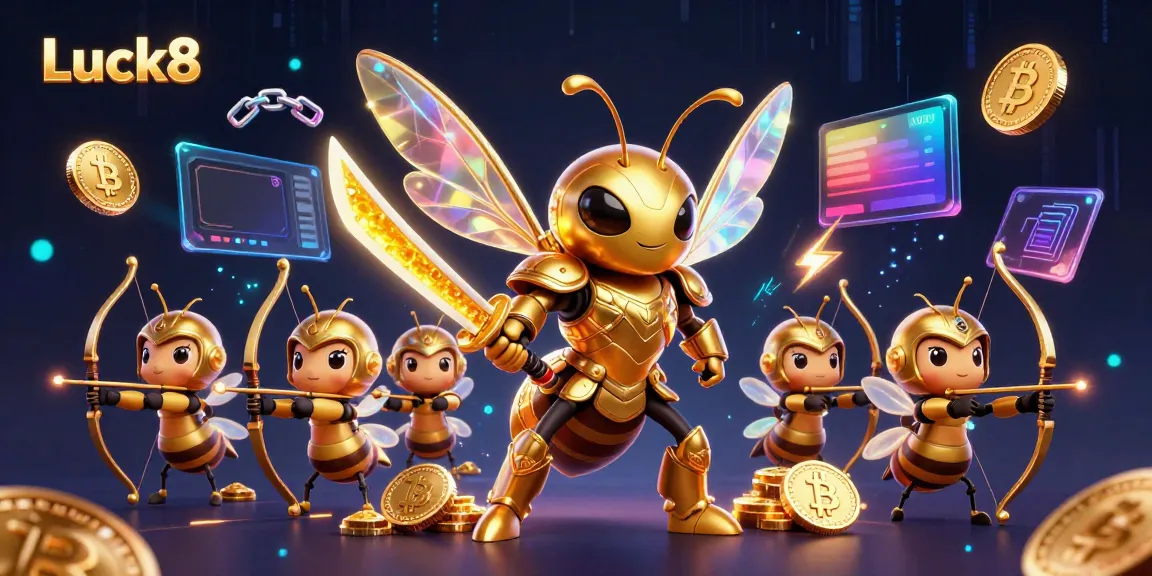 Experience the vibrant world of Luck8 with a golden hornet in samurai armor amidst glowing crypto coins.