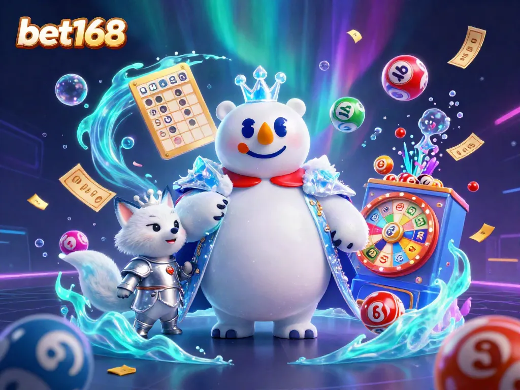 Experience the vibrant energy of bet168 with a cartoon scene of a polar bear king and fox winning lottery balls and prizes.