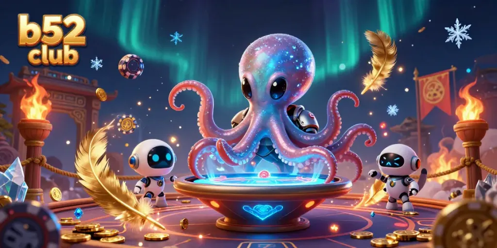 Experience thrilling gaming action at b52 club with a dynamic scene of an alien octopus and robot at a holographic poker table.