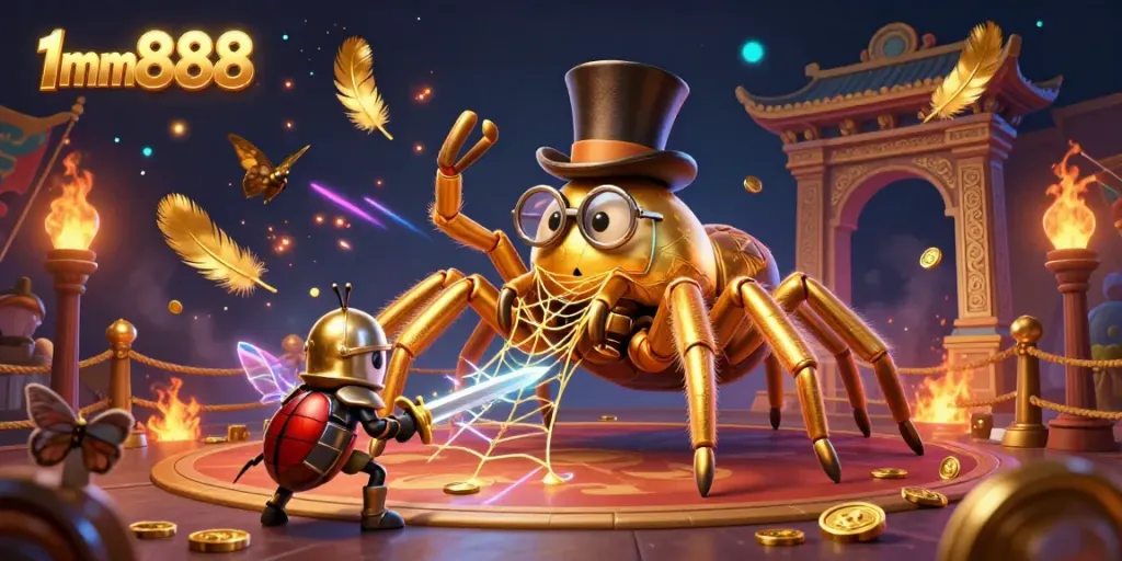 Experience thrilling gameplay adventures with 1mm888 in a colorful casino scene featuring a giant tarantula and a beetle knight.