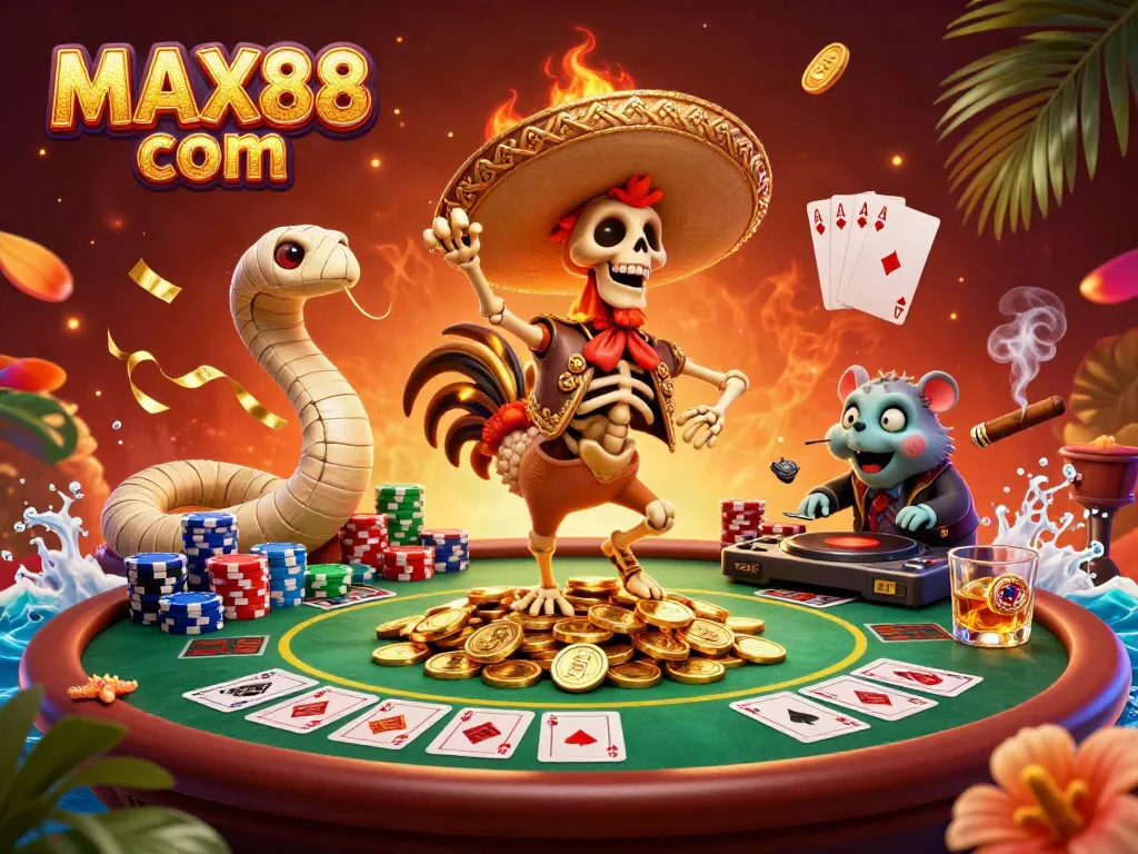 Max88 com showcases lively 3D cartoon characters enjoying poker with dynamic casino elements.