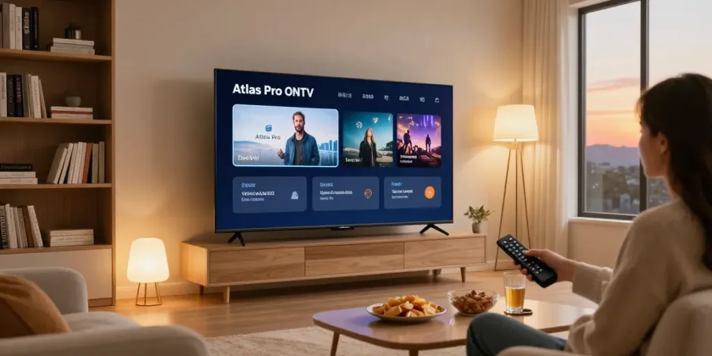 Expérience de divertissement à domicile avec atlas pro ontv sur un Smart TV dans un salon confortable