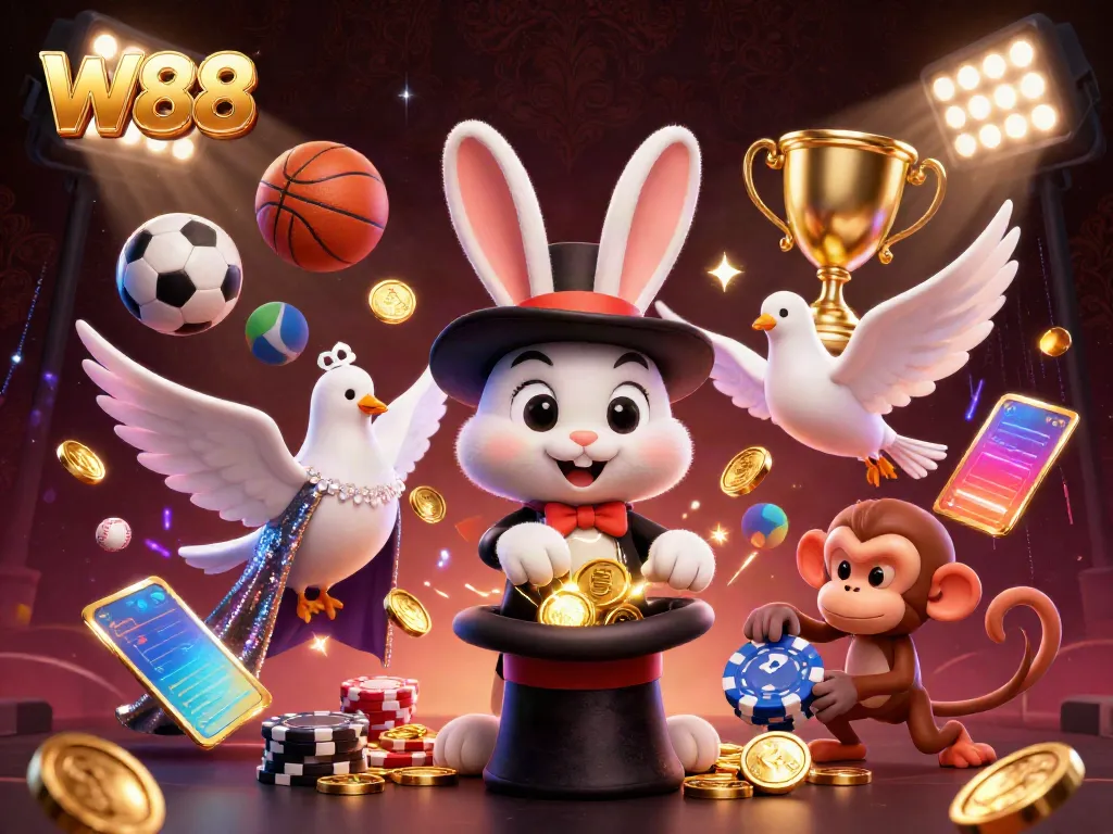 W88 magician rabbit pulls golden coins with sports elements in a vibrant casino illustration.