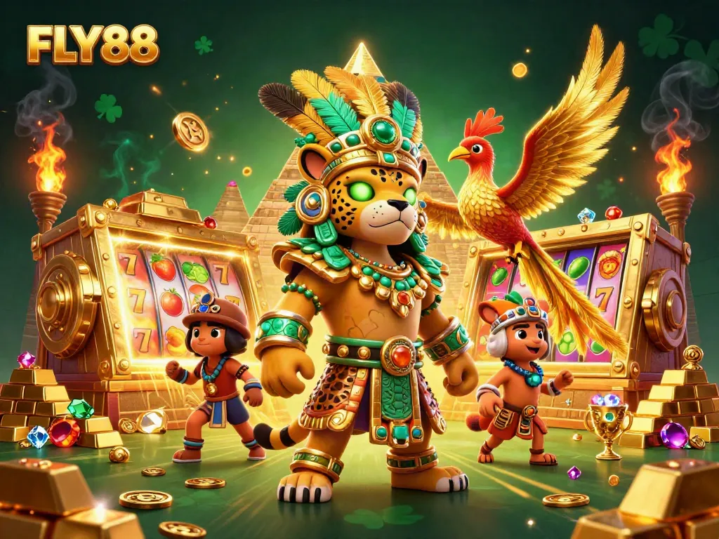 FLY88 showcases a vibrant Mayan-themed casino scene with slot reels, gold treasures, and dynamic characters.