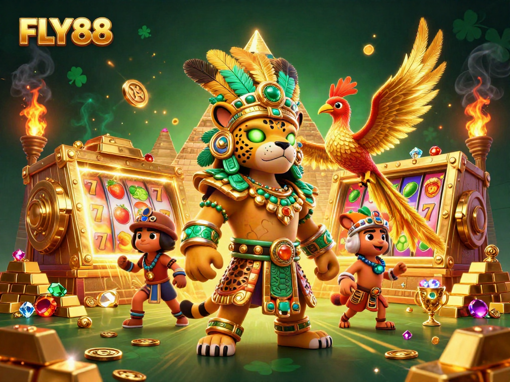FLY88 showcases a vibrant Mayan-themed casino scene with slot reels, gold treasures, and dynamic characters.