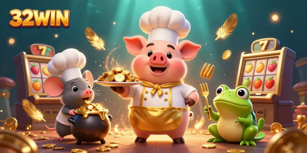 Engage with the 32WIN gambling scene featuring a gourmet chef pig serving gold coins with dynamic slot elements.