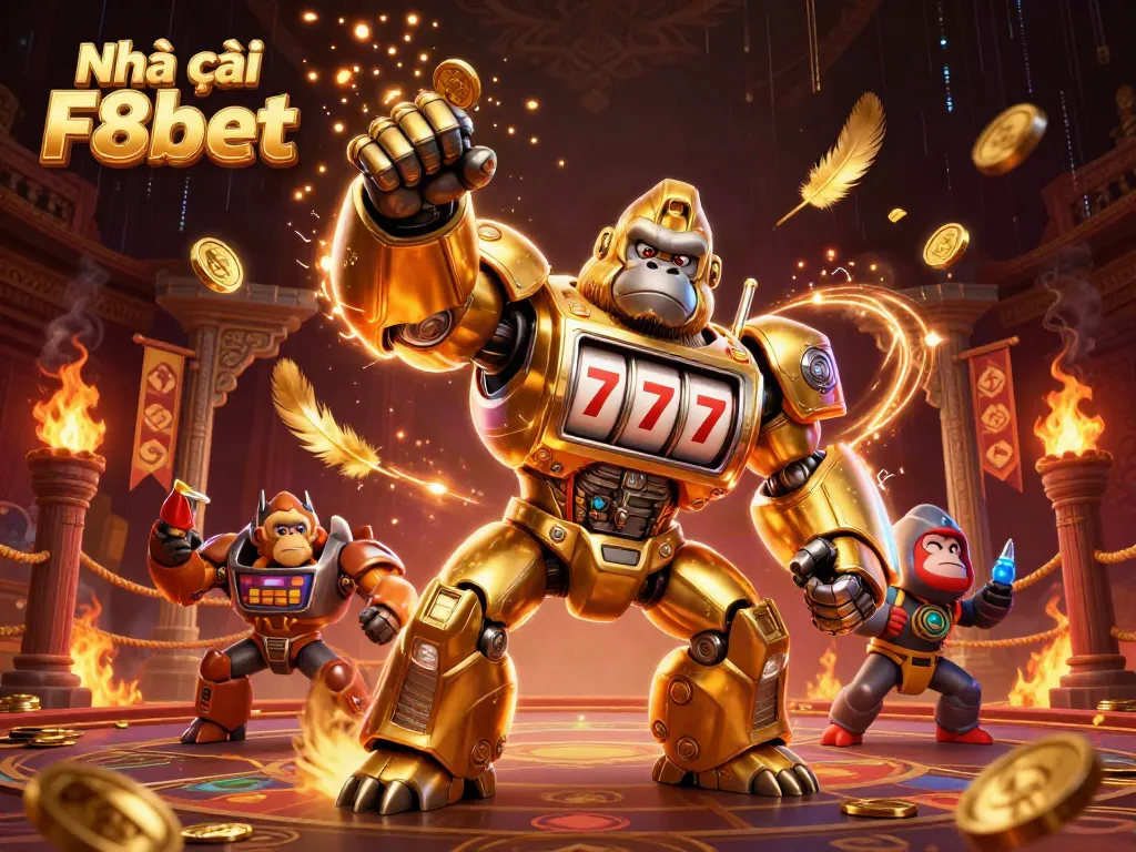 Experience the excitement of Nhà cái F8bet with a vibrant golden gorilla mech and dynamic casino elements.