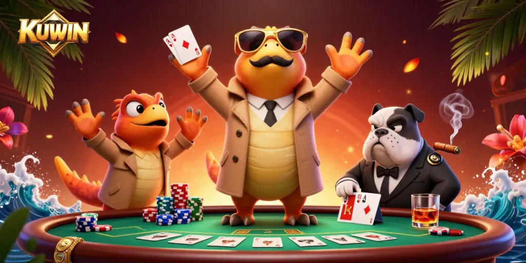 KUWIN raptors in a trench coat enter a casino, showcasing poker and vibrant gaming elements.