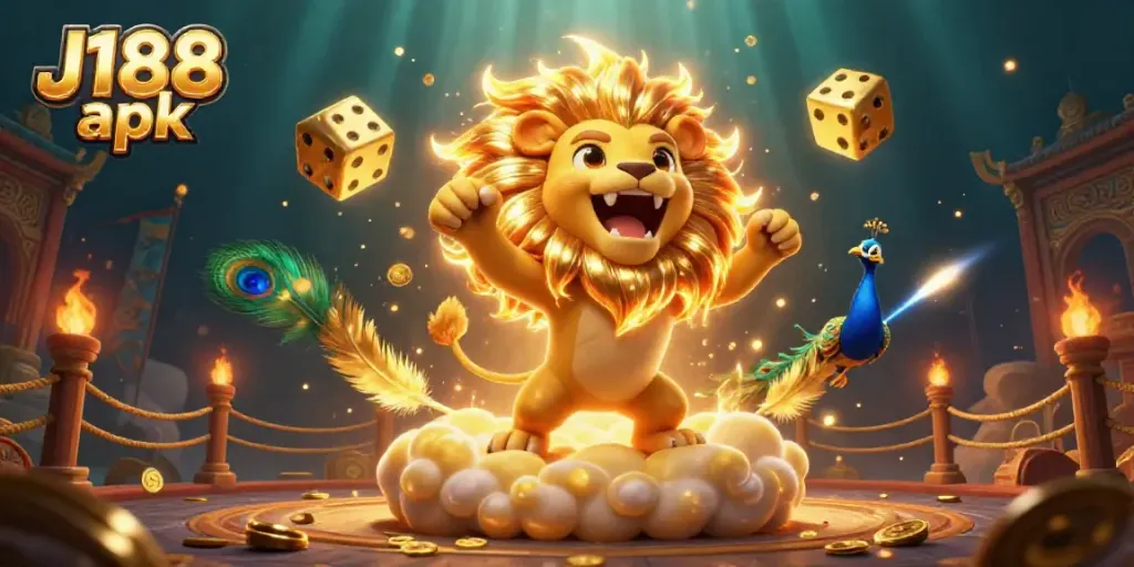 Experience the thrill of J188 apk in an animated casino-themed scene filled with vibrant characters and gold coins.