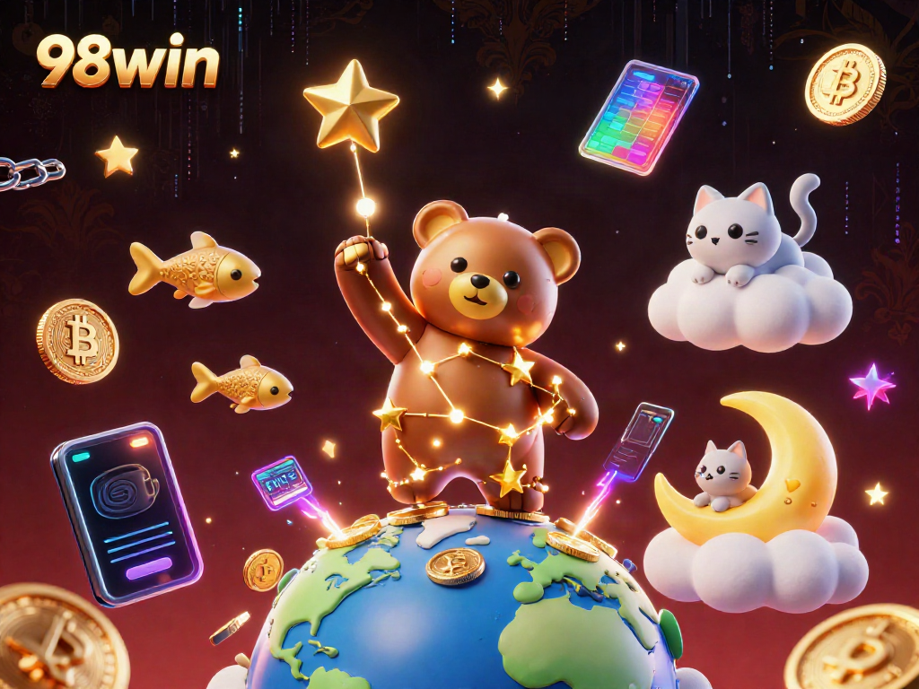 Play and win with 98win in this vibrant 3D casino scene filled with coins and crypto