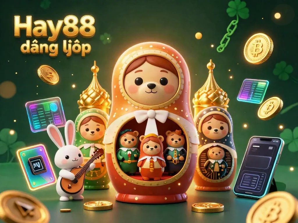 Engage with Hay88 đăng nhập using 3D cartoon Matryoshka bears and crypto illustrations.