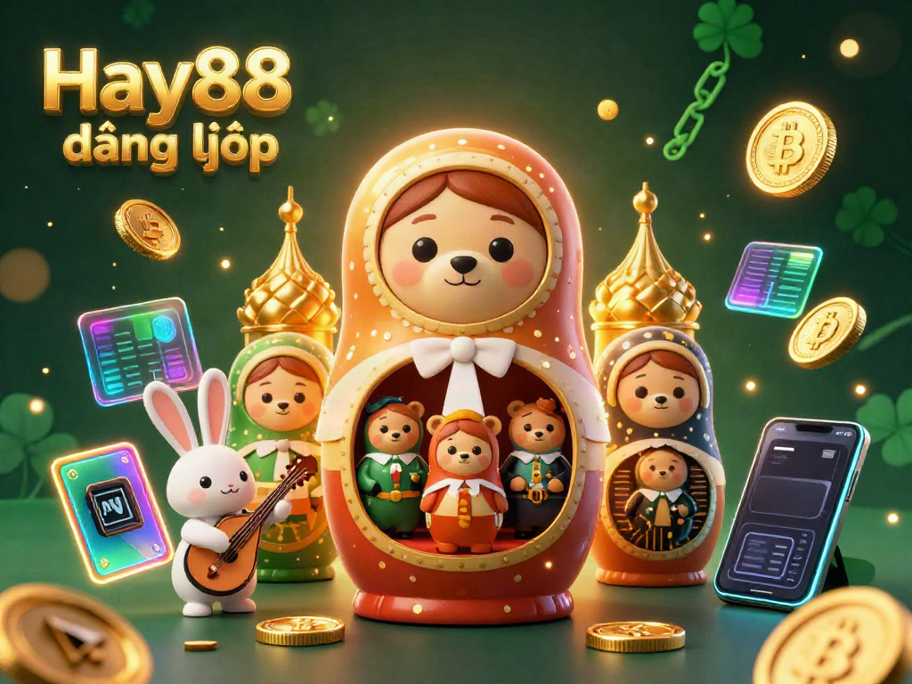 Engage with Hay88 đăng nhập using 3D cartoon Matryoshka bears and crypto illustrations.