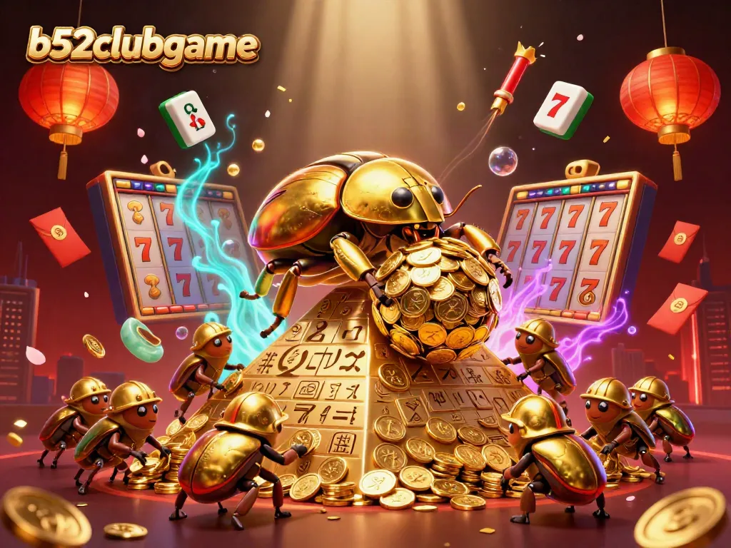 Experience big wins with b52clubgame's vibrant casino-themed illustration featuring golden elements and dynamic gameplay.