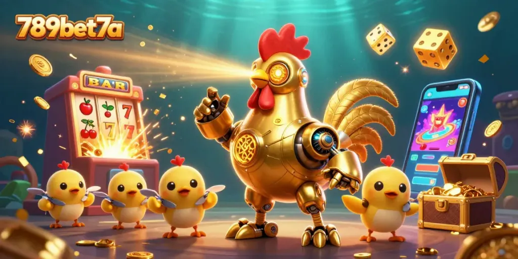 Experience the thrilling world of 789bet7a with a golden rooster robot among explosive gaming symbols.