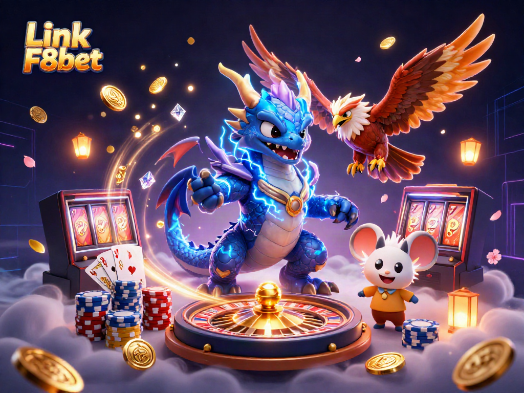Engage with Link F8bet through this vibrant illustration showcasing exciting gaming elements and playful characters.
