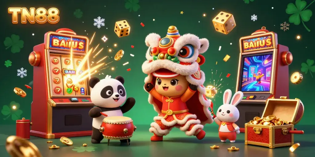 Elevate your gaming experience with TN88's vibrant casino scene featuring a jackpot explosion, colorful games, and festive characters.