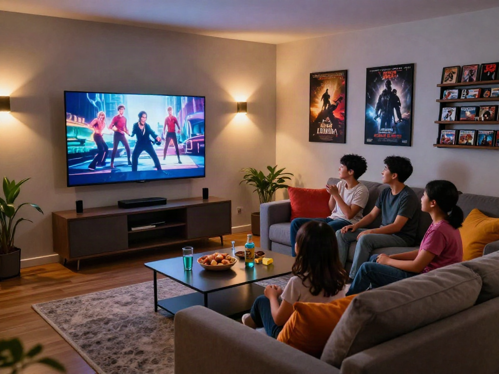 Family enjoying a cozy movie night with an Iron TV in a modern media room.