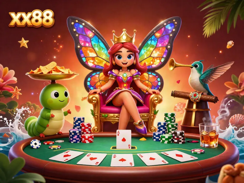 Engage with xx88 gaming excitement as a butterfly queen presides over a vibrant casino scene.