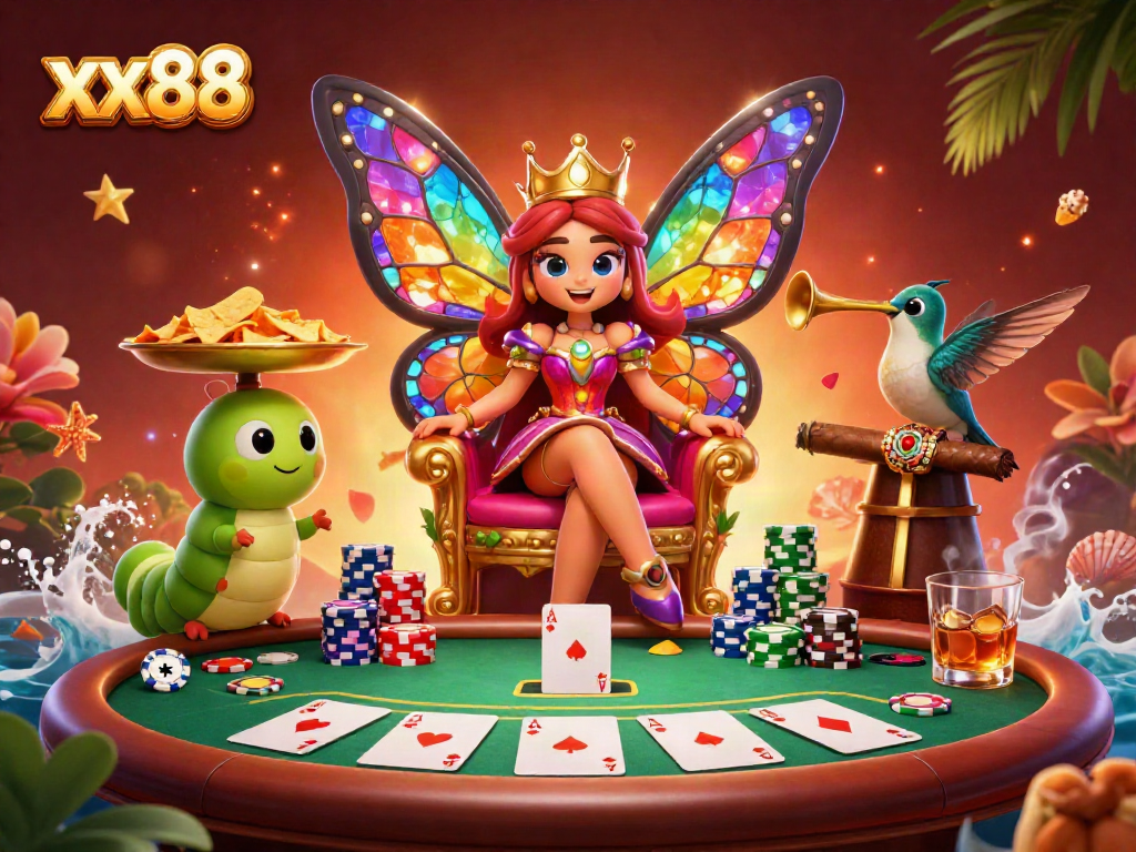Engage with xx88 gaming excitement as a butterfly queen presides over a vibrant casino scene.