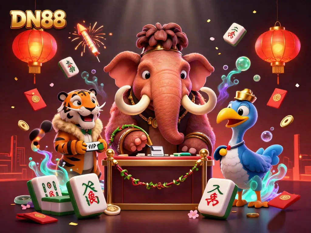 Experience the excitement of DN88 with a bustling casino scene featuring unique cartoon characters and vibrant elements.