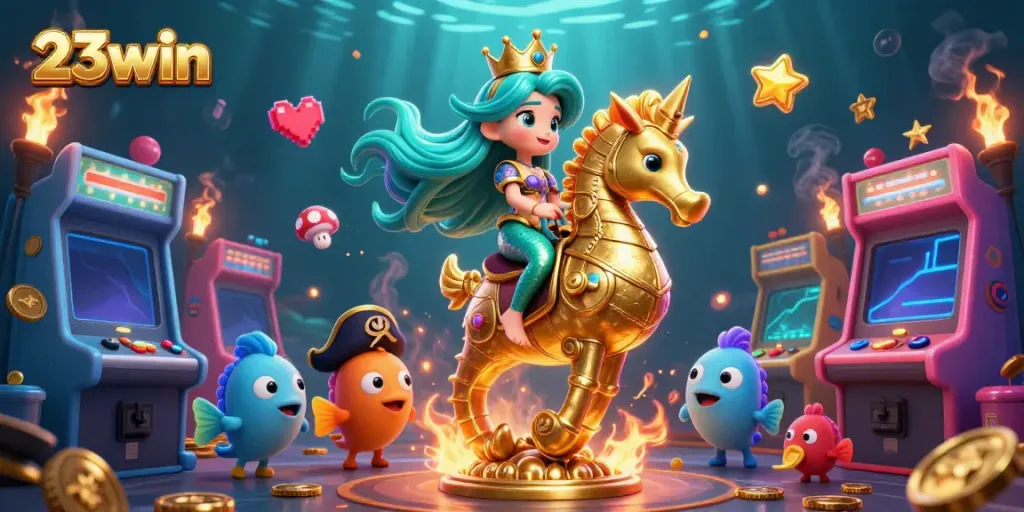 Engage with 23win's vibrant underwater casino world featuring a mermaid princess and golden seahorse.
