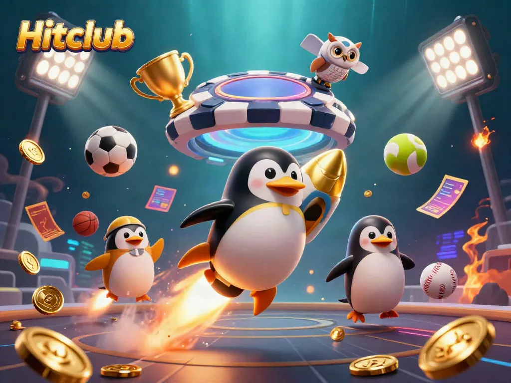 Experience Hitclub with a vibrant 3D scene featuring a golden penguin and dynamic sports elements.
