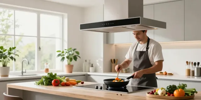Hotte aspirante sans évacuation dans une cuisine moderne avec des ingrédients frais.