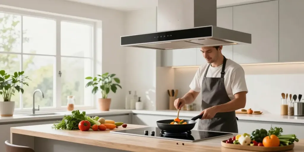 Hotte aspirante sans évacuation dans une cuisine moderne avec des ingrédients frais.