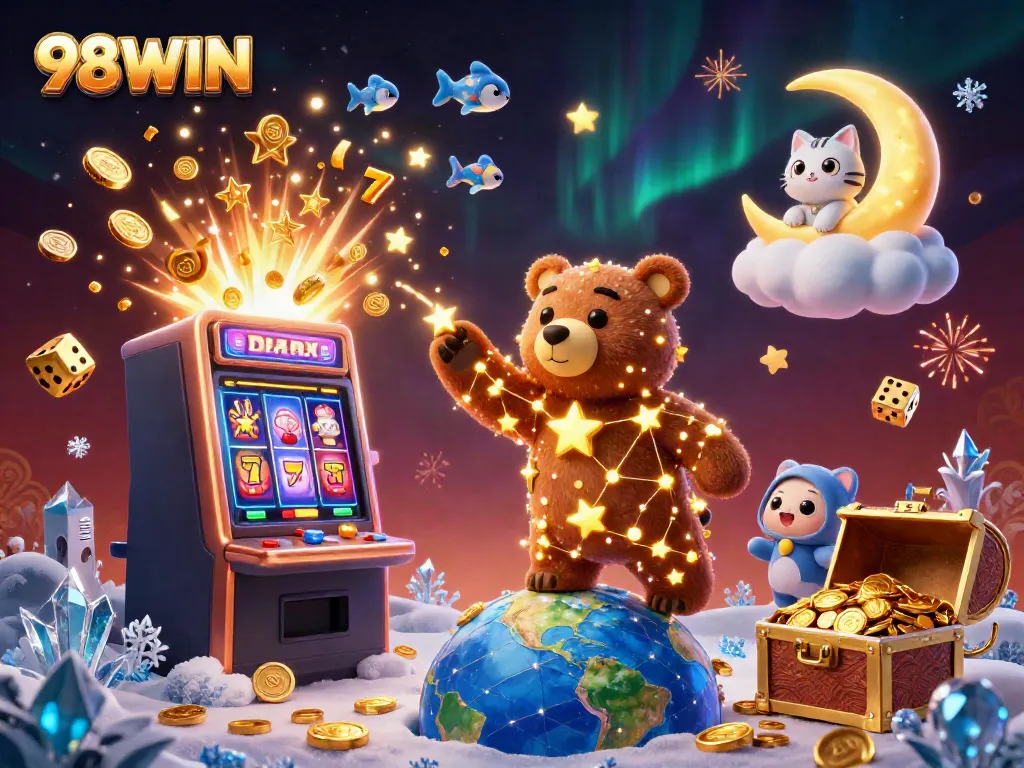Experience thrilling wins with 98WIN in a vibrant 3D casino scene full of excitement and game elements.