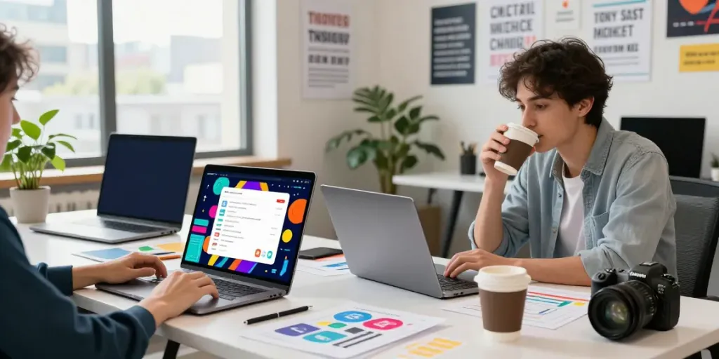 Buy views for social media engagement in a lively marketing workspace.