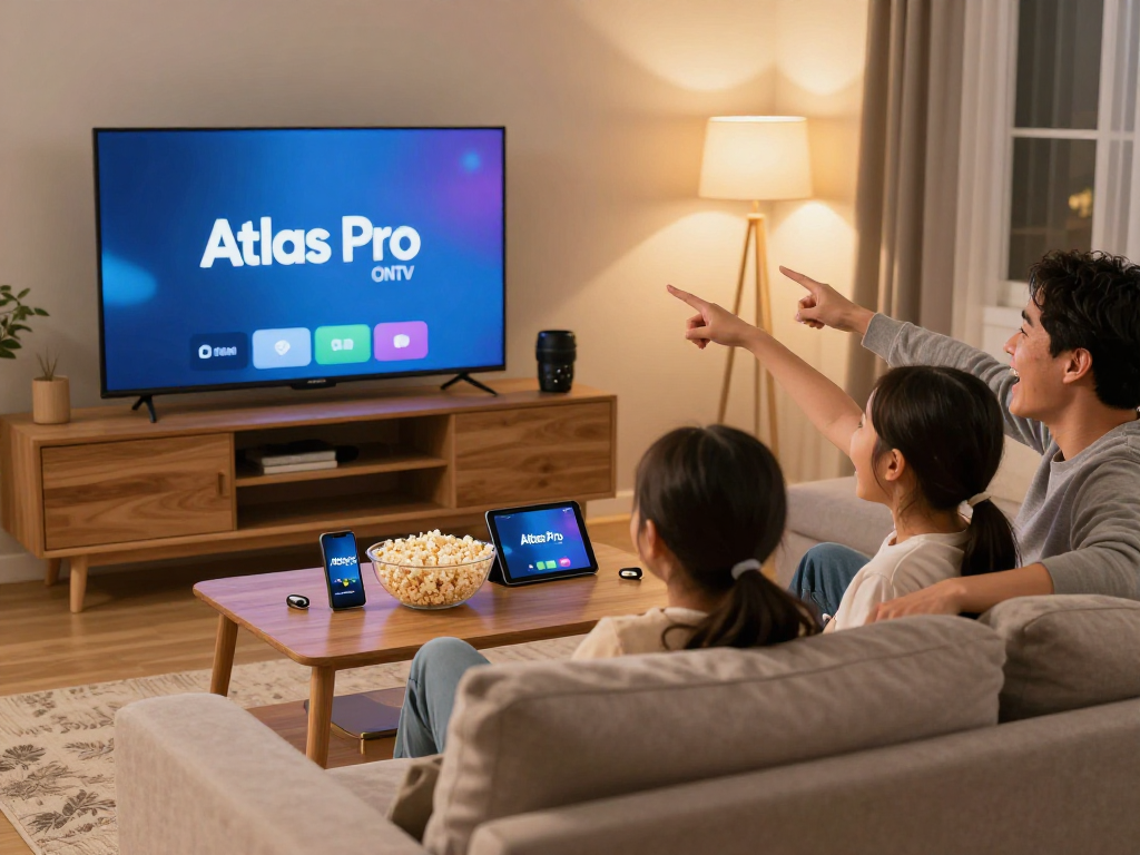 Famille profitant d'Atlas pro ontv sur leur Smart TV avec ambiance chaleureuse.
