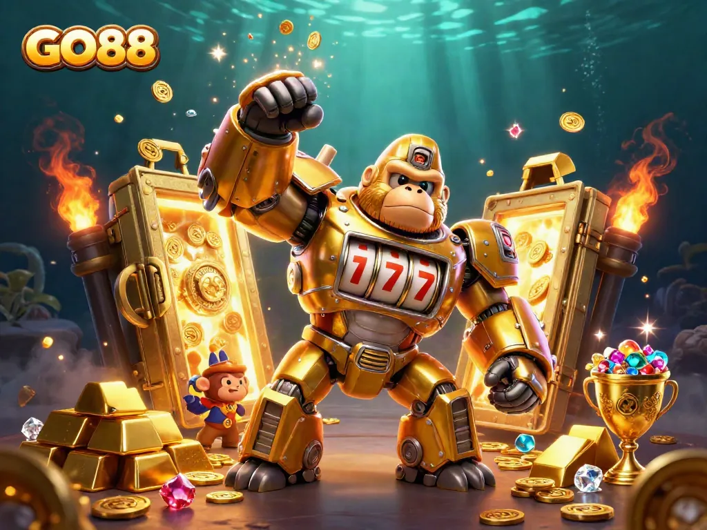 Engage with GO88’s thrilling gaming excitement, featuring a dynamic golden gorilla mech and dazzling casino elements.