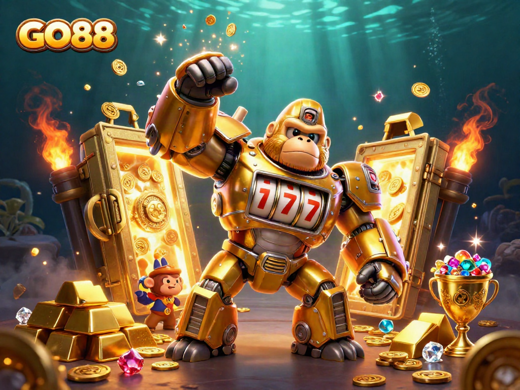 Engage with GO88’s thrilling gaming excitement, featuring a dynamic golden gorilla mech and dazzling casino elements.