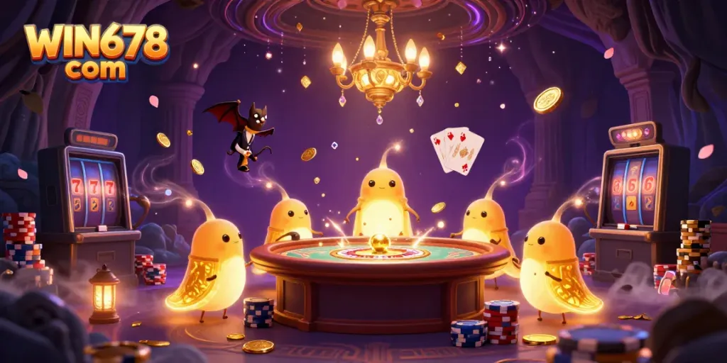 Experience the magic of WIN678 com with glowworms illuminating a vibrant casino scene.