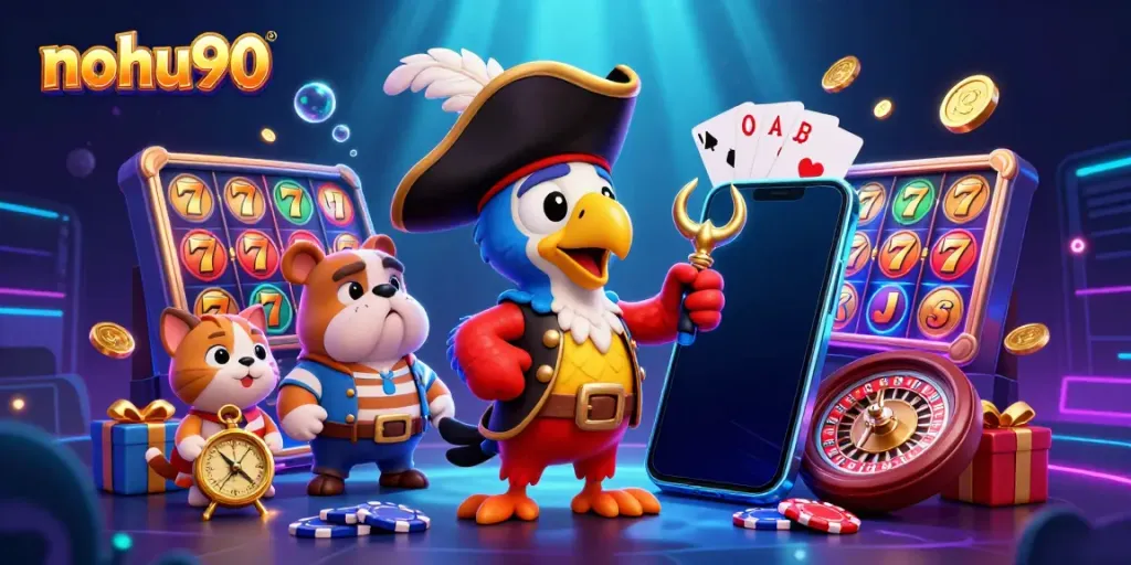 Nohu90's dynamic slots scene featuring a pirate captain parrot, bulldog, and cat with colorful slot elements.