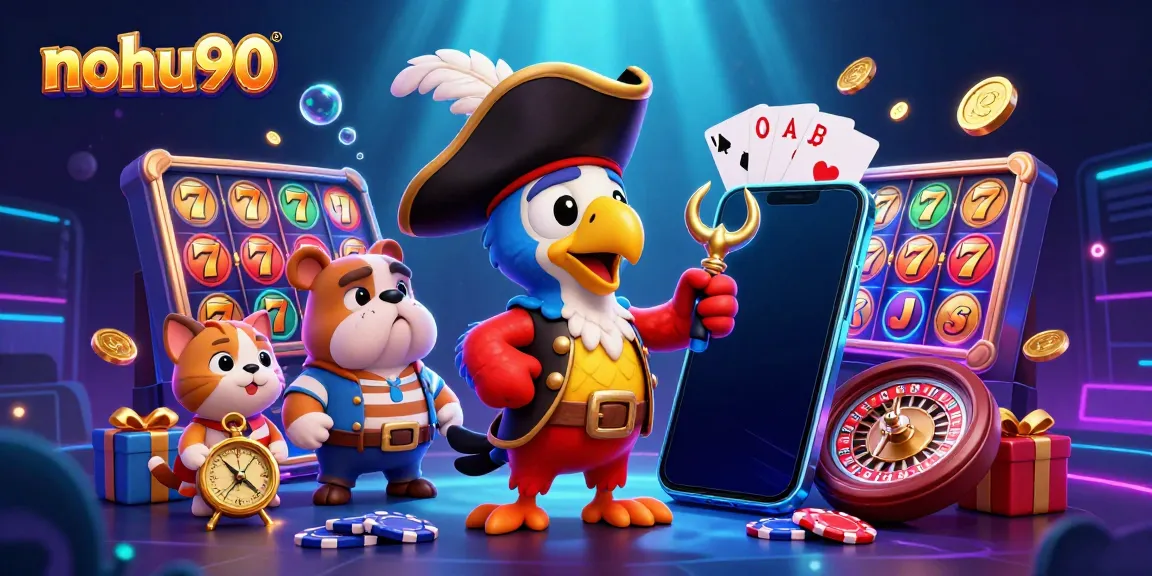 Nohu90's dynamic slots scene featuring a pirate captain parrot, bulldog, and cat with colorful slot elements.