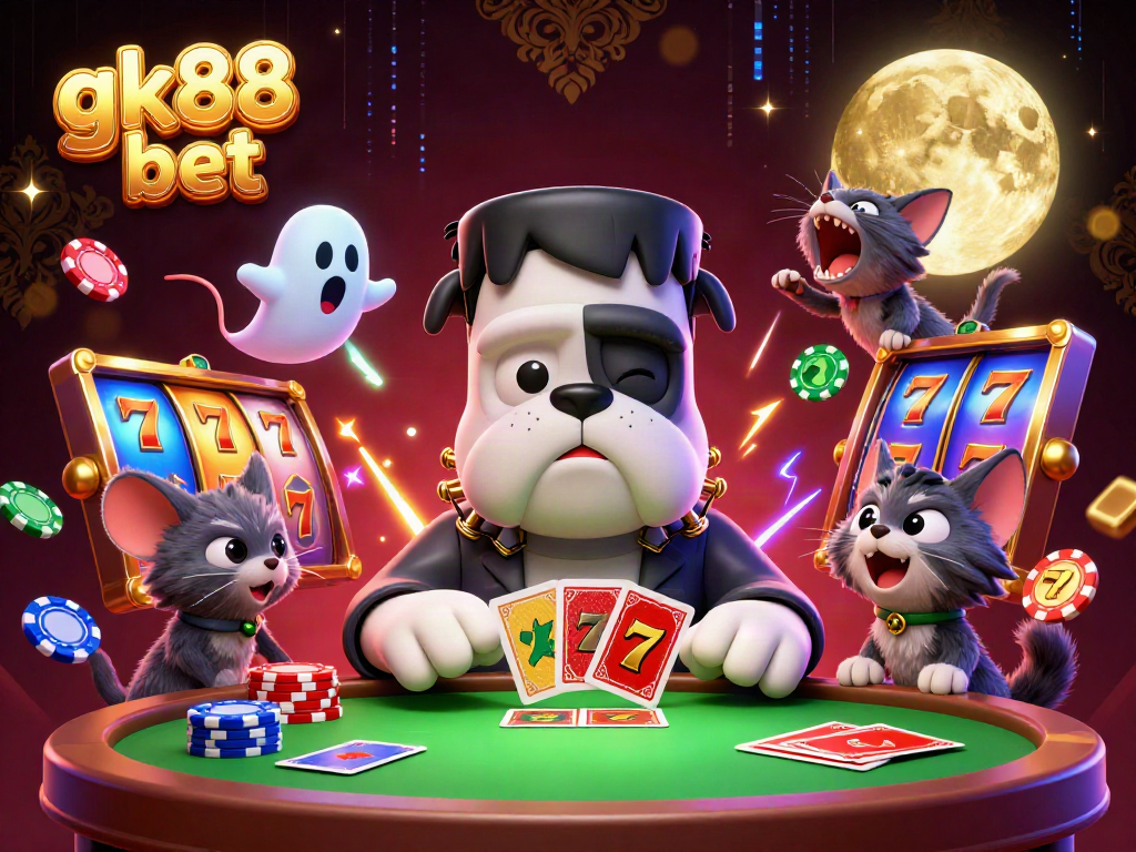 Join the excitement at gk88 bet with a cartoon bulldog dealer and a vibrant casino scene filled with slot game elements.