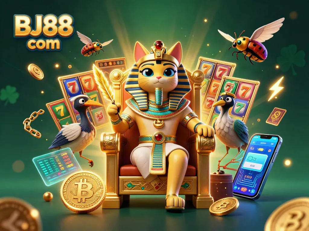Experience the excitement of BJ88 com in this vibrant 3D casino scene featuring slots, crypto elements, and a pharaoh cat.