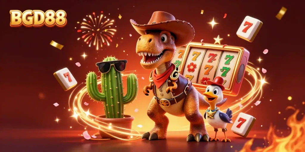 Experience thrilling action at BGD88 with a vibrant 3D casino scene featuring a cowboy dinosaur, cactus, and lucky gaming elements.