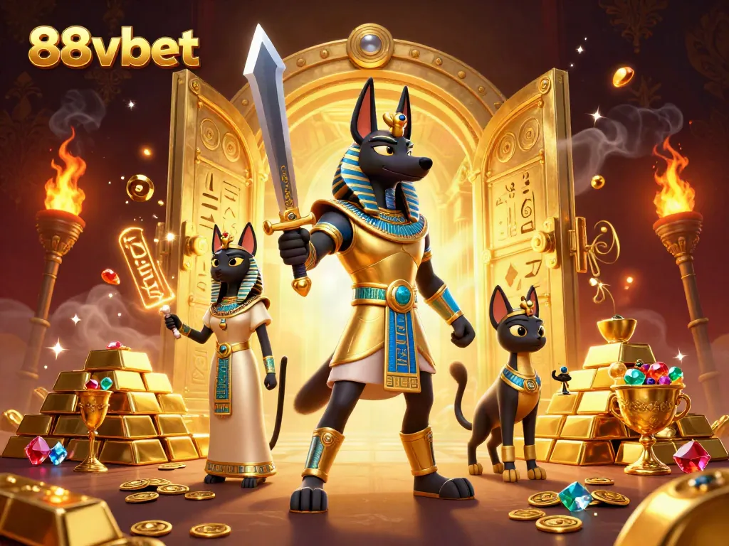 Experience 88vbet with vibrant Egyptian-themed 3D illustration featuring Anubis and treasures.