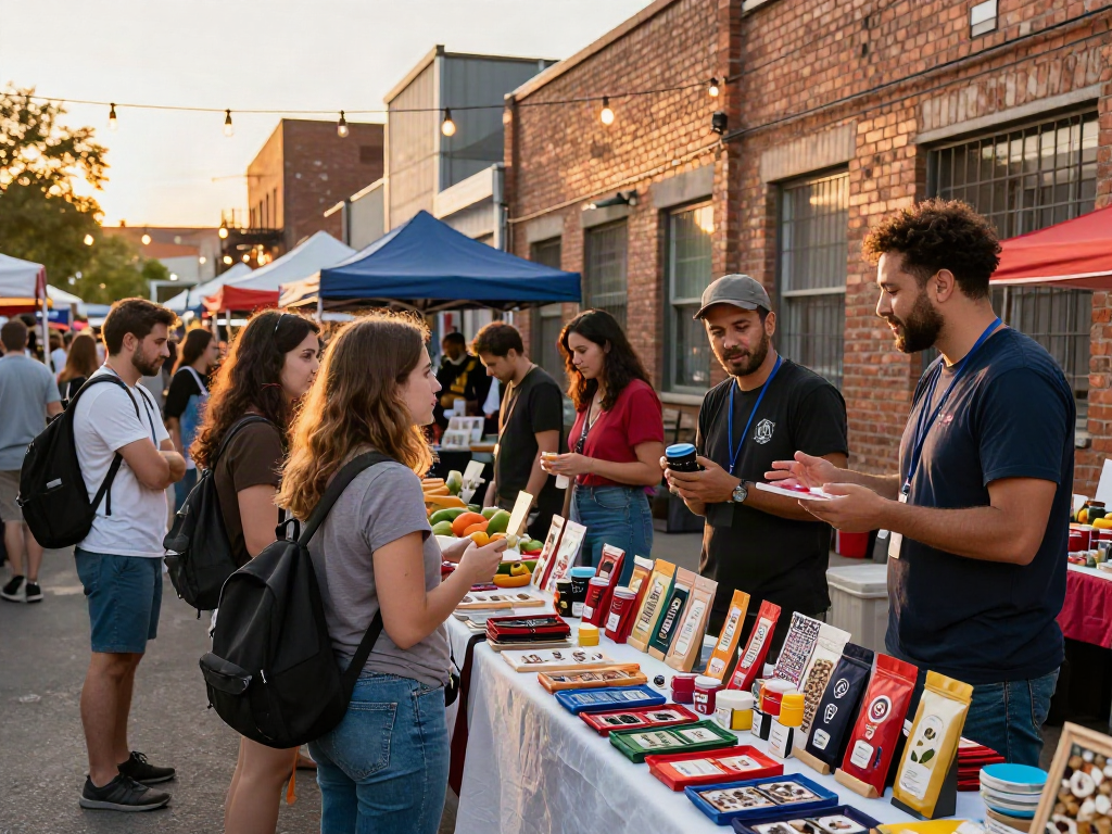 Engaging urban marketplace scene highlighting diverse shoppers and unique artisanal produits.