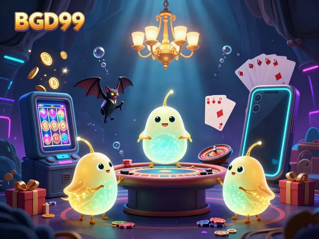 Experience stellar casino action with BGD99 featuring animated glowworms, vibrant slot games, and lively casino elements.
