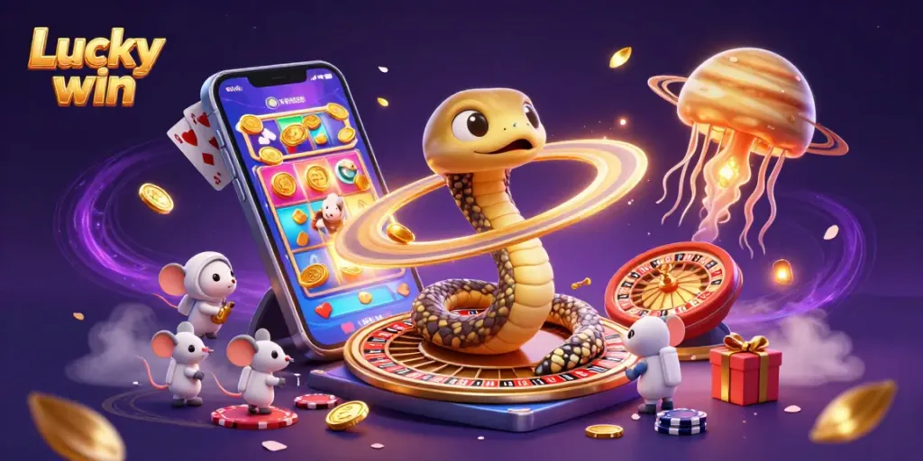 Engage with the Lucky win casino experience surrounded by dynamic slot games and playful characters.