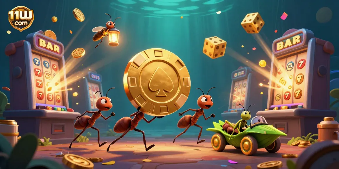 Run with 11UU com—ants pull a giant poker chip in a vibrant casino heist scene.