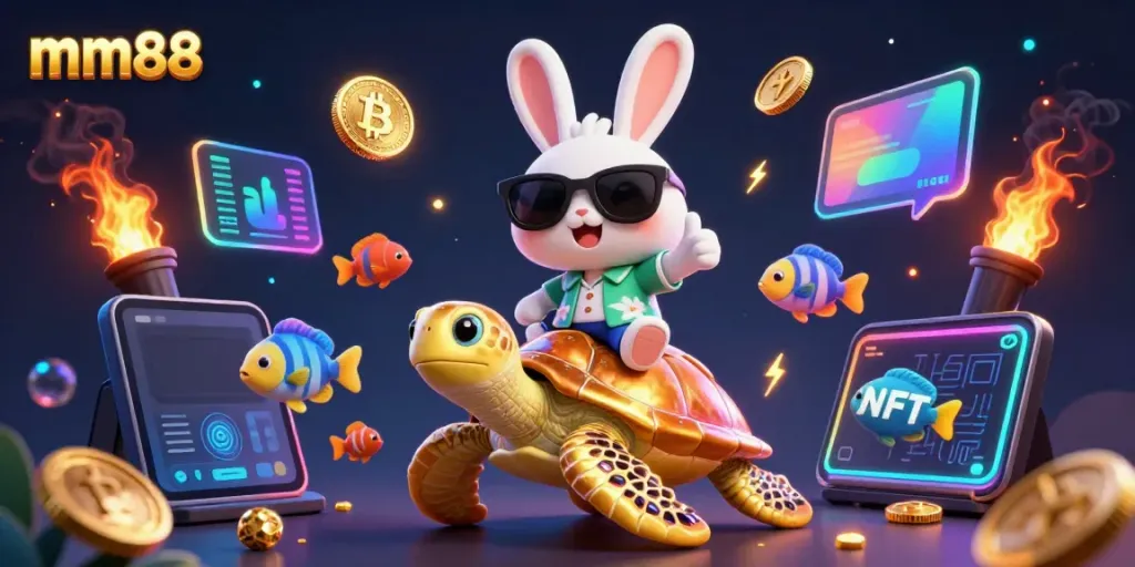 Experience the thrill of mm88 with a lucky rabbit and golden turtle in a vibrant casino scene.