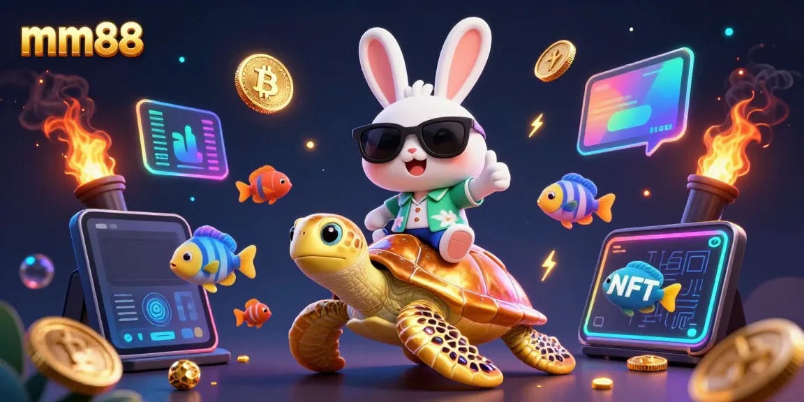 Experience the thrill of mm88 with a lucky rabbit and golden turtle in a vibrant casino scene.