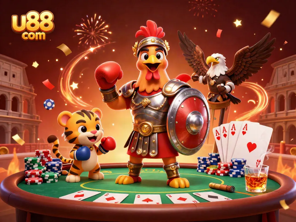 Experience winning action at u88 com with a dynamic illustration featuring a gladiator rooster and poker elements.