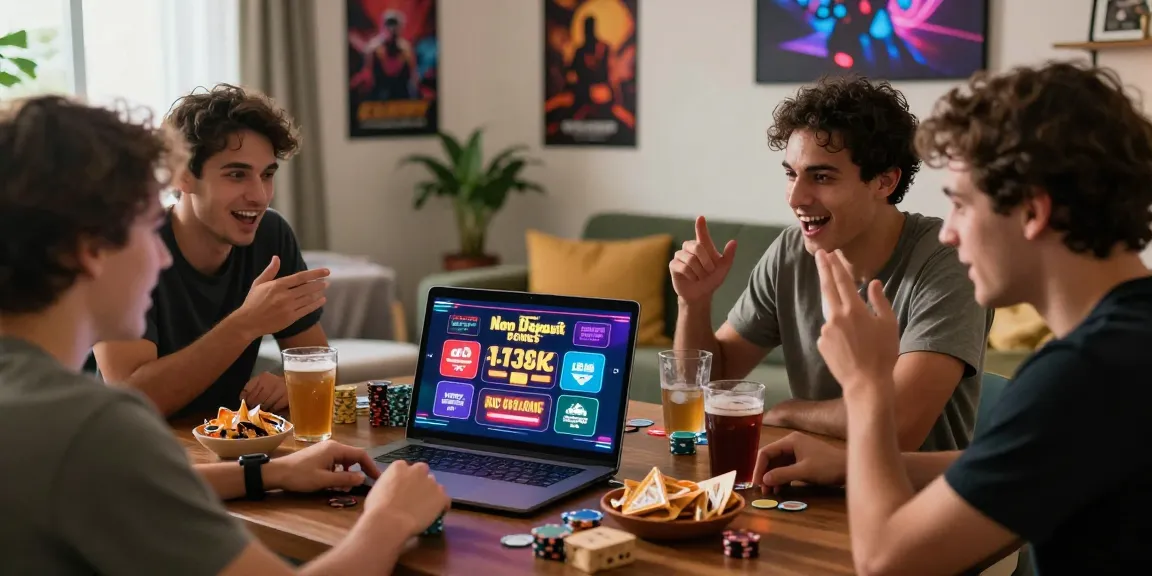 Expérience de bonus casino sans dépôt avec amis autour d'un ordinateur, ambiance joyeuse et colorée.