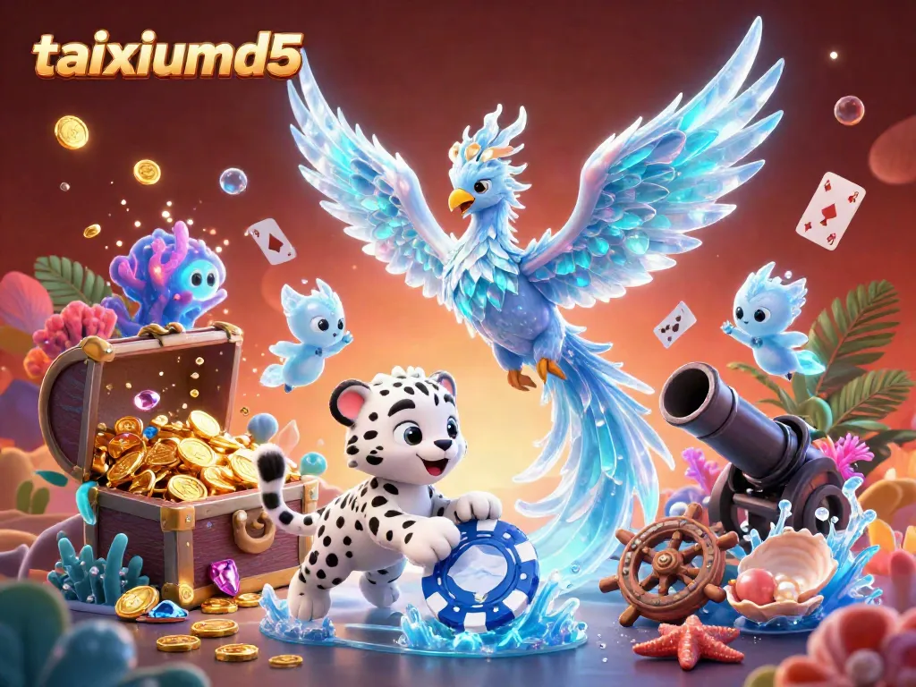Engage with the lively taixiumd5 scene featuring an ice phoenix, snow leopard, and treasure amidst vibrant casino elements.